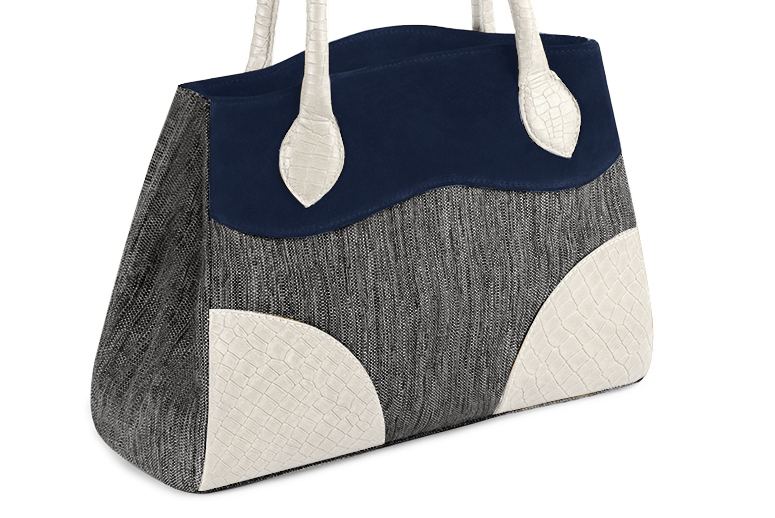 Dark grey, navy blue and off white women's dress handbag, matching pumps and belts. Front view - Florence KOOIJMAN